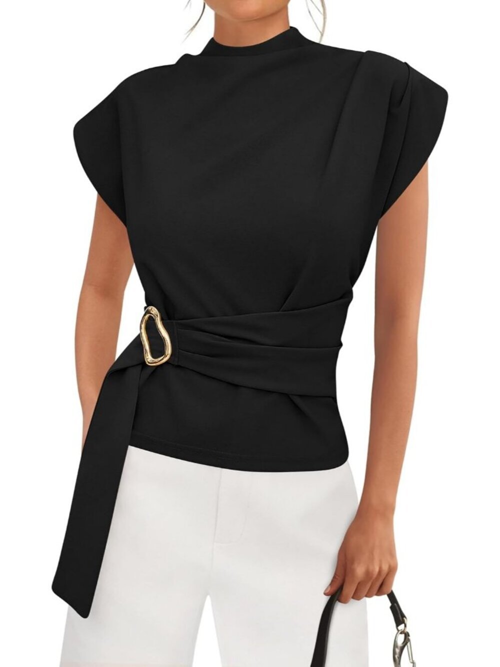 Women's Black Mock Neck Cap Sleeve Blouse Belted Business Casual Office Top